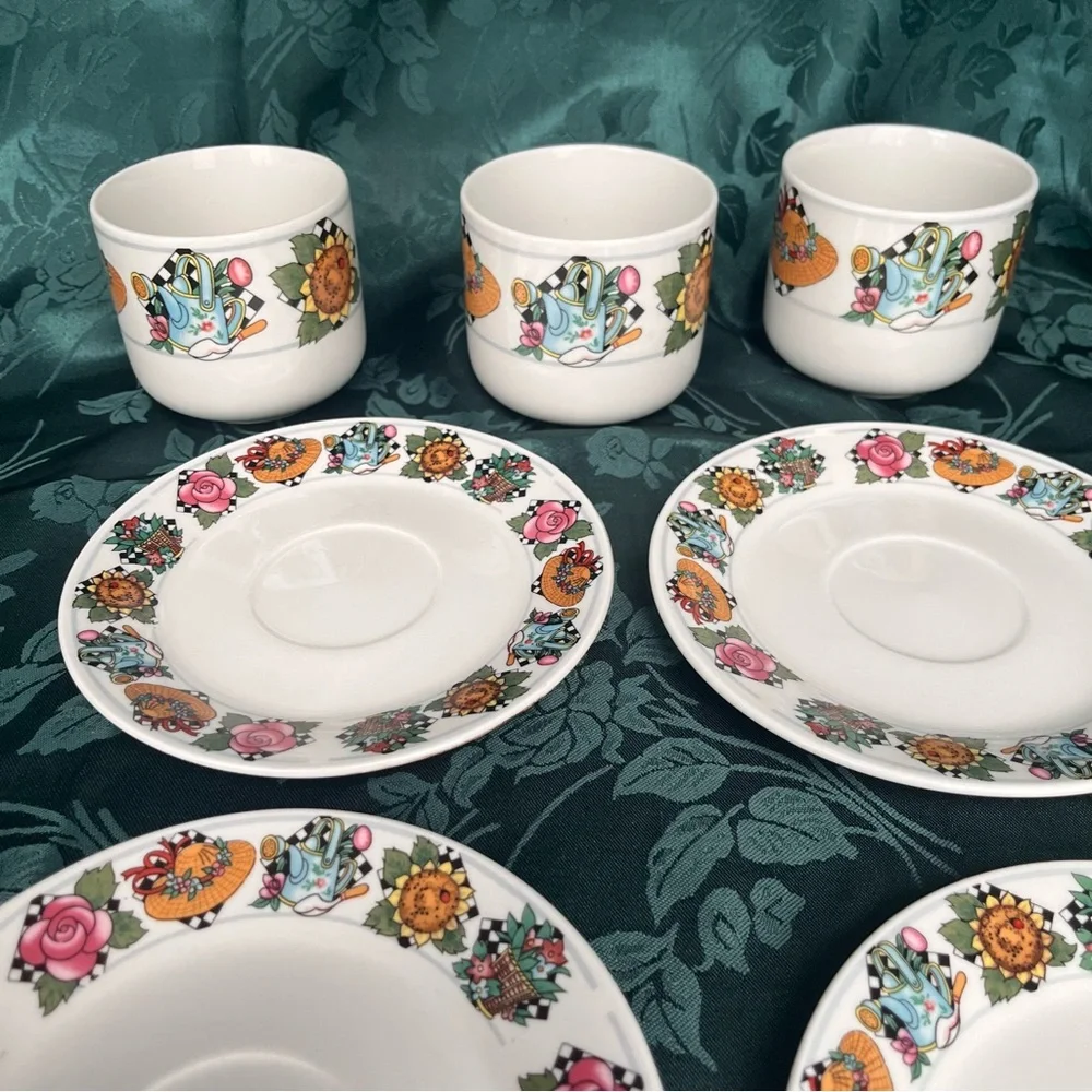 Vintage UTE Tea 3 Cups & 4 Plates Charming Hats & Florals in Engelbreit-style